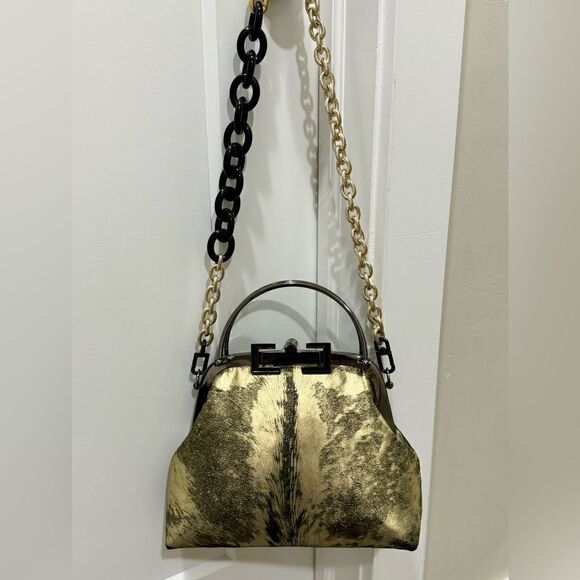Handmade Gold Metallic Natural Hair-On Calfskin Top Handle Bag/Multi Way Use - Picture 5 of 16